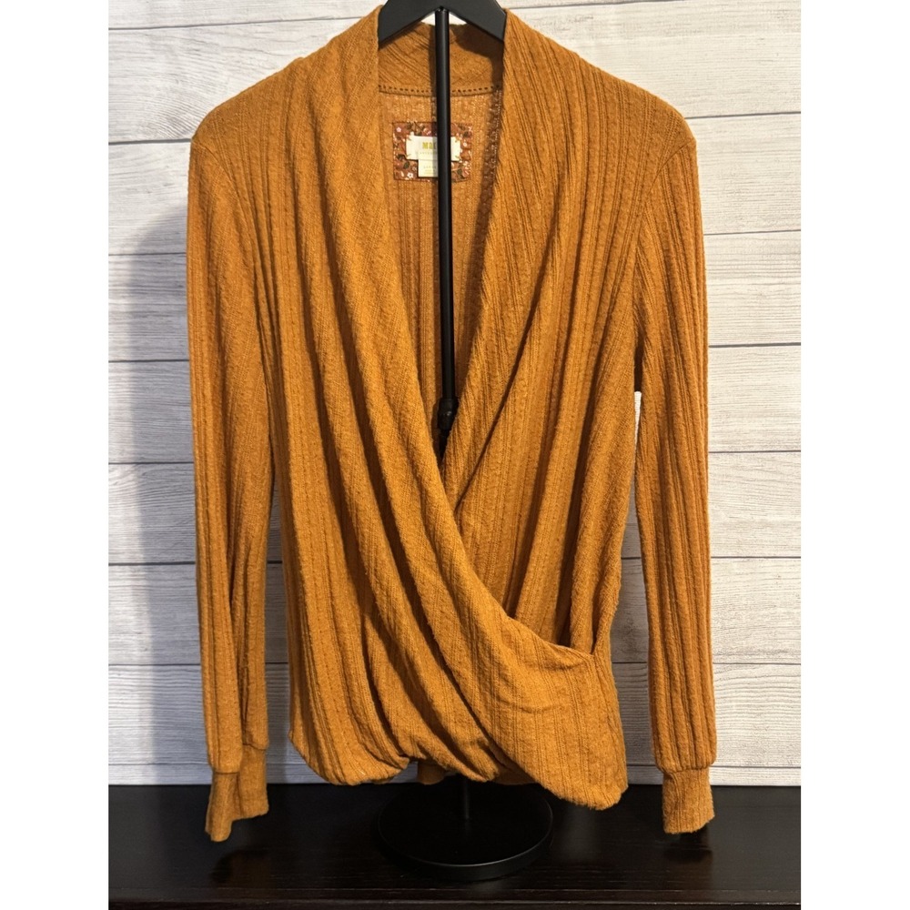 Maeve Anthropologie Ribbed Surplice Wrap Sweater Large Gold Rust Chenille